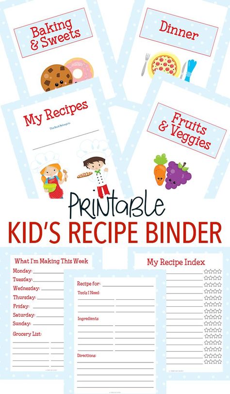 Make a custom recipe binder for kids with this adorable printable set! Little chefs will love to have their own kids cookbook filled with all of their favorites. 15 total pages including category dividers, kid friendly recipe card and more. Makes a great gift too! Kids Cookbook, Cooking App, Kids Cooking Recipes, Fun Baking, Cooking Classes For Kids, Cooking Club, Custom Recipe, Recipe Binder, Cooking Lessons