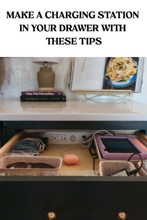 Charging station in a drawer with multiple electronic devices being charged. Closet Charging Station, Diy Nook Bench, Diy Breakfast Nook Bench, Deep Freezer Organization, Diy Charging Station, Charging Station Drawer, Diy Breakfast Nook, Wooden Christmas Eve Box, Tool Box Diy