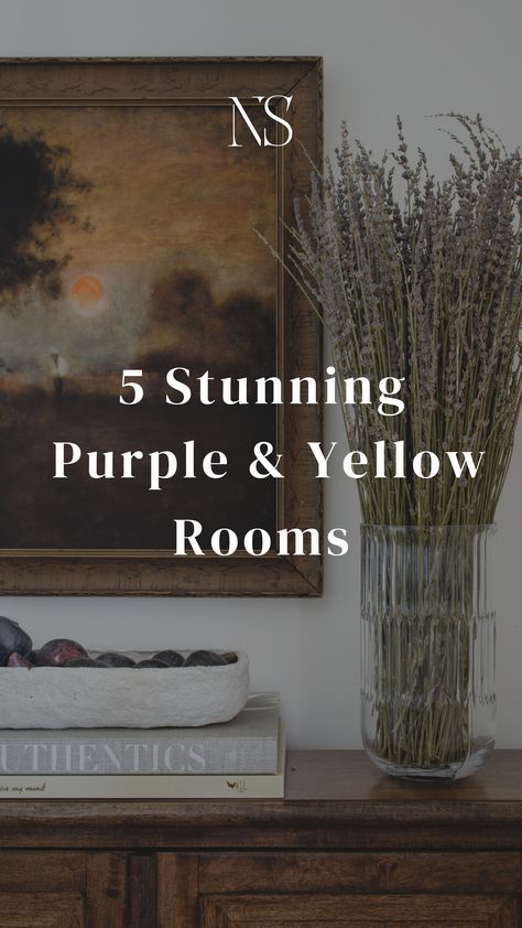 6 stunning purple and yellow interior design rooms to take notes from. How to create a purple and yellow room through fabrics, paint colors, and furniture. Violet and yellow complementary color examples in interior design. Purple and yellow dining room. Purple and yellow living room. Purple and yellow home office. Purple and yellow bedroom. Purple and yellow wallpaper. #purpleandyellow #violetandyellow #complementarycolors #interiordesign Plum And Yellow Bedroom, Purple And Yellow Living Room, Lavender And Mustard Color Palettes, Eggplant And Mustard Color Scheme, Purple Green Mustard Palette, Yellow And Purple Decor, Purple Yellow Interior Design, Interior Design Purple, Purple Yellow Gray Color Palette