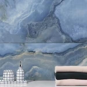 Jume Onyx Blue 23.62 in. x 47.24 in. Polished Porcelain Floor and Wall Tile (15.49 sq. ft./Case) Paradise Bathroom, Beachy Bathrooms, Backsplash Wall, Blue Granite, Polished Porcelain Tiles, Tile Covers, Ivy Hill Tile, Large Format Tile, Mirror Tiles