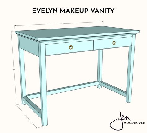 DIY Makeup Vanity Plans by Jen Woodhouse Learn How To Build Build A Vanity Makeup, Diy Vanity With Mirror, How To Build A Vanity Makeup, Diy Makeup Vanity Cheap, Makeup Vanity Plans, Vanity Plans Diy, Diy Makeup Vanity Homemade, Diy Vanity Desk, Makeup Table Ikea