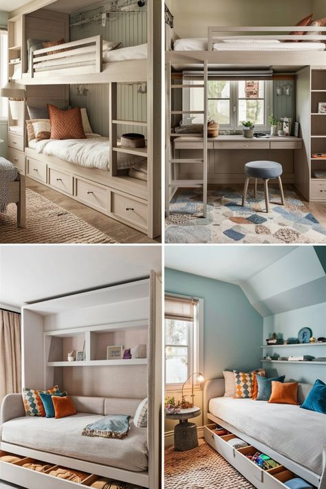 Maximize space in your small room with creative bunk bed ideas. Discover designs that include built-in storage and stylish finishes. #BunkBeds #SmallRoomDesign #SpaceSaving Small Room With Two Beds, Bunkbeds Design Small Room, Built In Bunk Beds Small Room, Room With 2 Beds, Bunk Bed Ideas For Small Rooms, Room With Two Beds, Bed Ideas For Small Rooms, Rhythm Design, Bunk Beds Small Room