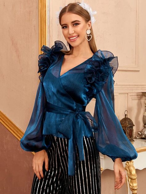 Top Brillante, Organza Tops, Blue Bodycon Dress, Tie Waist Top, Glitter Top, Feminine Blouses, Elegant Blouses, Bishop Sleeve, Women Blouses