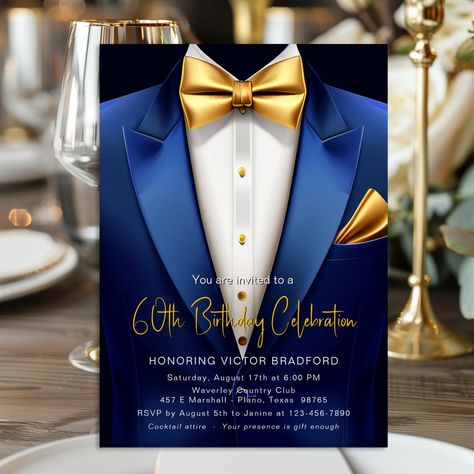 Royal Blue Gold Tuxedo Any Number Birthday Event Invitation Royal Blue Invitation Template, Royal Blue And Gold Party Decorations, Royal Blue And Gold Wedding, Mens Birthday Party Invitations, Sweet 15 Invitations, Gold Tuxedo, Gold Party Decorations, Mens Birthday Party, Birthday For Him