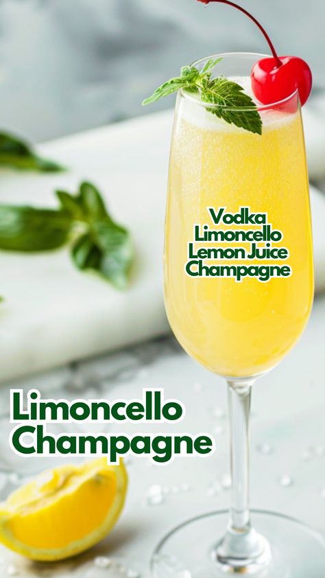 Limoncello Champagne Cocktail Bridal Breakfast, Limoncello Drinks, Limoncello Cocktail, Cocktail Cards, After Dinner Cocktails, Limoncello Cocktails, Juice Cocktails, Dinner Cocktails, Summer Vodka Cocktails