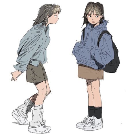 Character Design High School, Wearing Backpack Reference Drawing, Tourist Character Design, Waving Hello Pose Reference, Wearing Backpack Reference, Instagram Doodle, 캐릭터 드로잉, Character Study, Pretty Drawings