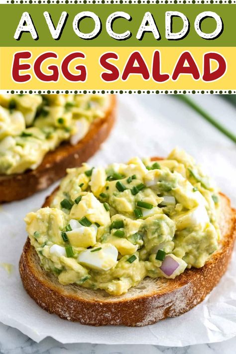 This avocado egg salad is creamy, dreamy, and so delicious! It's perfect for topping salads, sandwiches, and more! Egg Salad Recipe Avocado, Avo And Egg Salad, Eggs And Avocado Salad, Egg And Avocado Salad, Hard Boiled Egg Lunch Ideas, Avacodo Egg Salad, Avacodo Recipe Idea Healthy, Grilled Avocado Sandwich, Egg Avocado Salad