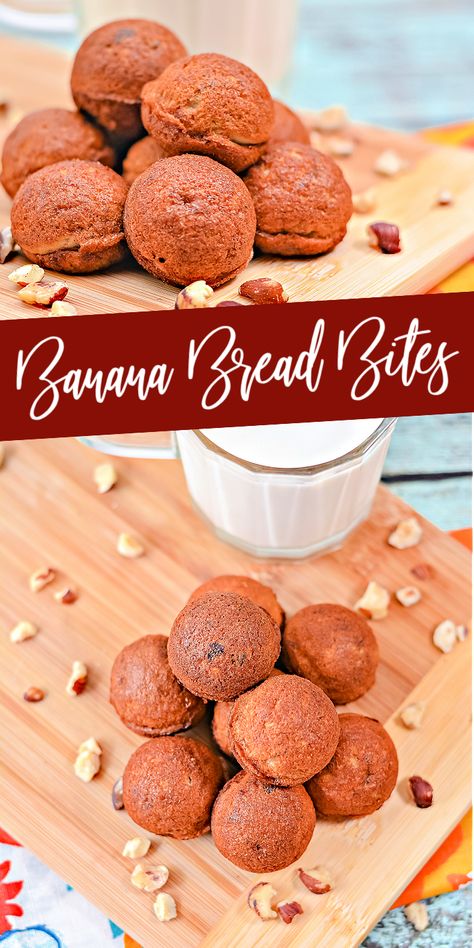 Banana Bread Bites Recipe, Banana Bread Balls, Recipe For Ripe Bananas, Banana Bread Cake Pops, Banana Bread Mini Muffins, Banana Bread Bites, Bread Bites Recipe, Mini Banana Bread, Bread Balls