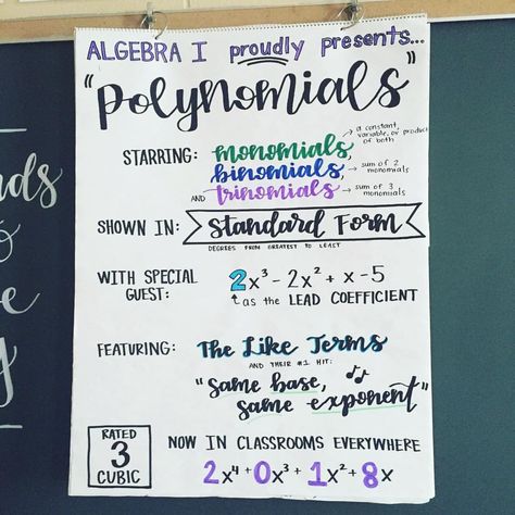 🎥 Algebra 1 proudly presents.. "Polynomials" showing in my classroom starting Tuesday!  anchor chart Math Posters, School Algebra, Teaching Algebra, Math Charts, Chart Ideas, Math Anchor Charts, Math Notes, Math Poster, 8th Grade Math