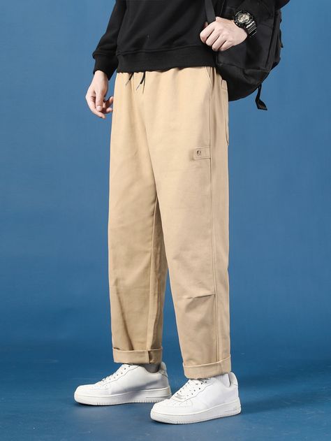 Khaki Casual   Polyester Plain Tapered/Carrot Embellished Non-Stretch Spring/Summer/Fall Men Bottoms Mens Colored Pants, Guys Style, Pants Outfit Men, Drawstring Waist Pants, Dickies Pants, Pants Details, Fall Fabric, Colored Pants, Plus Size Fashion For Women