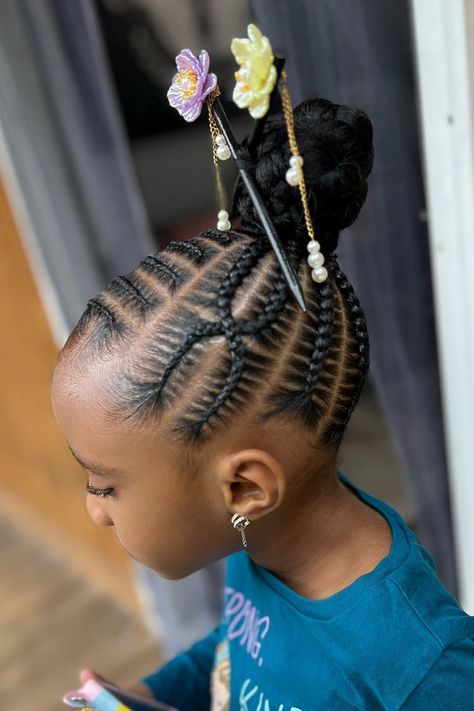 Kids Cornrows Girl Cornrows, Little Black Girls Braided Hairstyles For Kids Updo, Children Cornrow Hairstyles Natural Kids, Kid Feed In Braid Styles Ponytail, Cornrow Ideas For Kids, Needle Cornrows For Kids, Girls Cornrow Hairstyles, Cute Cornrows, Kids Style Hair