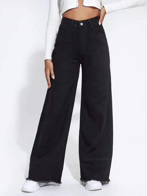 Black    Denim Plain Wide Leg  Non-Stretch  Women Denim Wide Leg Black Jeans, Black Wide Leg Jeans, High Waisted Wide Leg Jeans, Black Jeans Women, Plaid Pullover, Jeans High Waist, Trousers Jeans, Black Wide Leg Pants, Denim Patterns