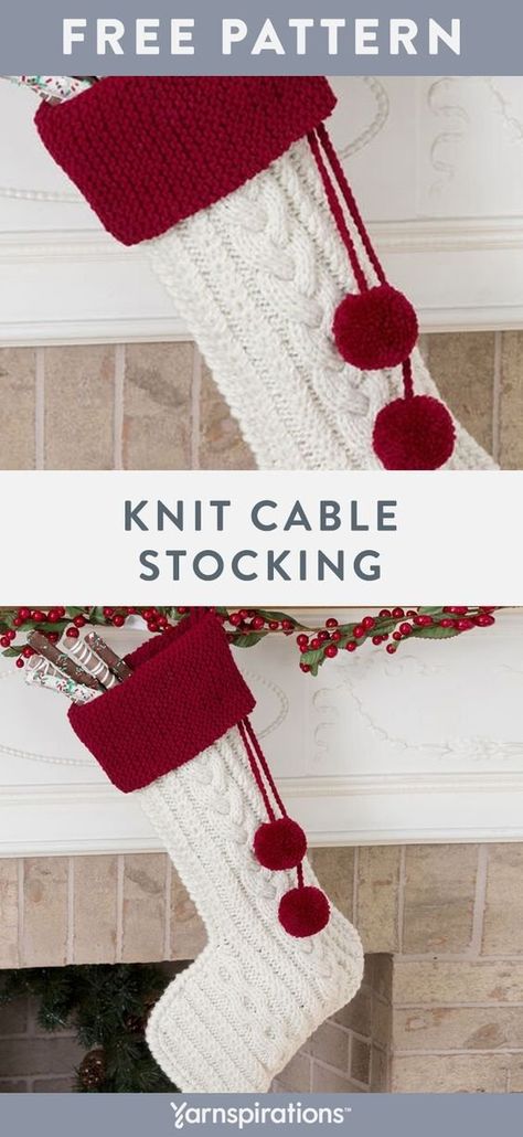 Free Knit Cable Stocking using Red Heart Super Saver yarn. Kick off the holiday season with a festive project that's Santa-approved! Elegant Aran stitches create this classic, knitted Christmas stocking that's perfect for the whole family. It's easy to customize in almost any color combination you can imagine. The generous size makes room for lots of treats 'n' toys too! #Yarnspirations #FreeKnitPattern #KnitStocking #ChristmasDIY #HolidayStocking #RedHeartYarn #RedHeartSuperSaver Loom Knit Christmas Stocking, Christmas Stocking Patterns Free, Knitted Christmas Stocking Patterns Free, Stocking Knitting Pattern, Aran Stitches, Christmas Stocking Patterns, Christmas Stocking Pattern Free, Knitted Christmas Stocking Patterns, Stocking Pattern Free