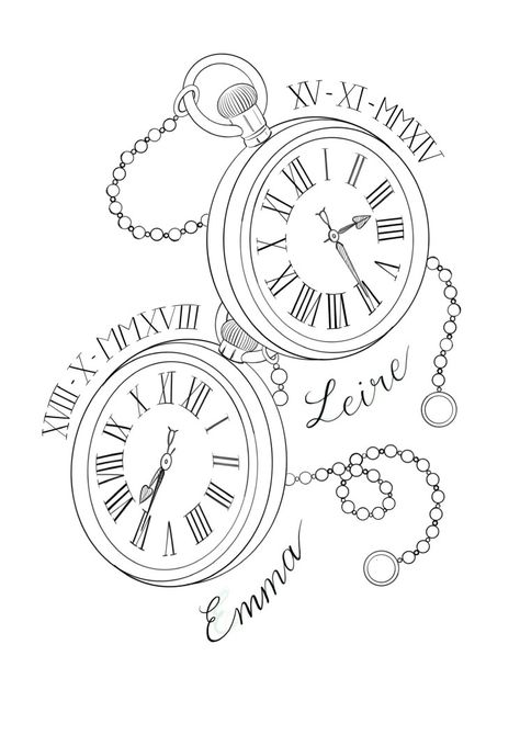 Pocket Clock Tattoo Design, 2 Clock Tattoo Design, Clocks Tattoo Design, Pocket Watch Stencil, Pocket Watch Outline, Pocket Watch Tattoo Stencil, Simple Clock Tattoo, Clocks Drawing, Tattoo Pocket Watch