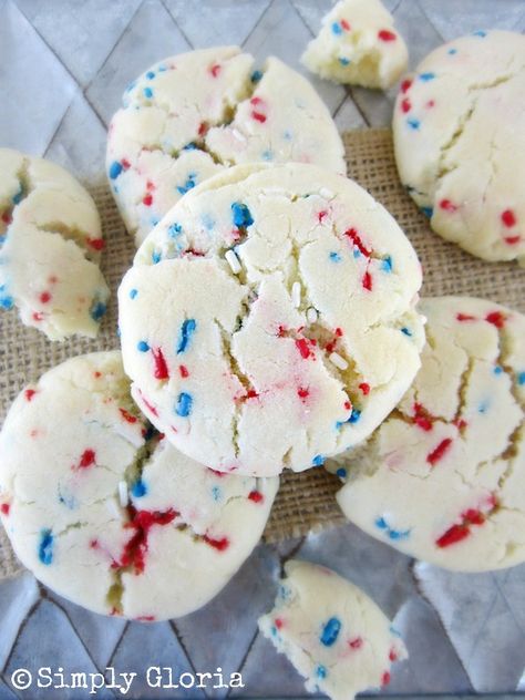 July 4th Sprinkle Cookies - Simply Gloria 4 Th Of July, Patriotic Food, Patriotic Desserts, Chewy Peanut Butter Cookies, 4th Of July Desserts, Vanilla Cake Mixes, Fourth Of July Food, Sprinkle Cookies, Desserts For A Crowd