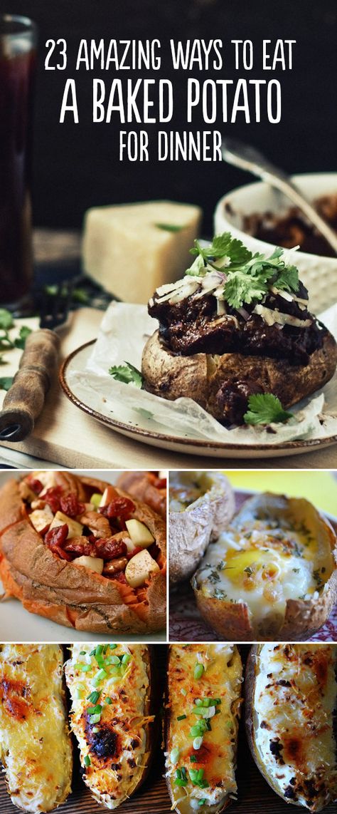 A great list of 23 different ways to turn a baked potato into an entire meal!  Some awesome ideas on here! Potato Ideas, Oven Food, Tator Tots, Concession Food, God Mat, Think Food, Spaghetti Squash, Iftar, I Love Food