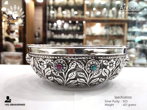 Handcrafted Antique Make 925 Silver Prasadam Bowl :) Silver Articles, Silver Plates, Emerald Stone Rings, Silver Pooja Items, Gold Bridal Jewellery Sets, Silver Items, Silver Bowl, Silver Art, Emerald Stone