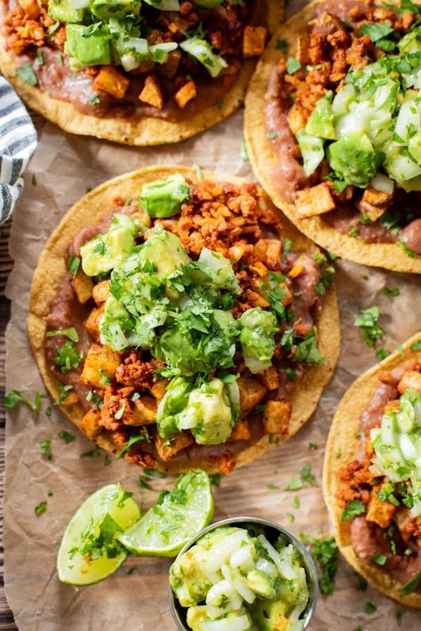 Potato Tostadas, Veggie Entrees, Chorizo Potato, Vegan Bean Recipes, Vegan Potato Recipes, Soy Chorizo, Vegan Meat Substitutes, Tostada Recipes, Vegan Chorizo