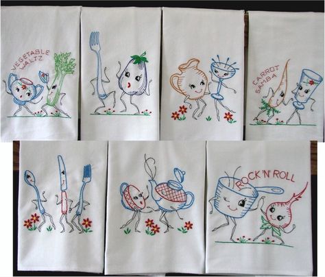 Embroidered Tea Towels, Embroidery Aprons, Tea Towels Embroidery, Knitting Quilt, Flour Sacks, Hand Embroidery Patterns Free, Vintage Tea Towels, Towel Embroidery, Needle Crafts