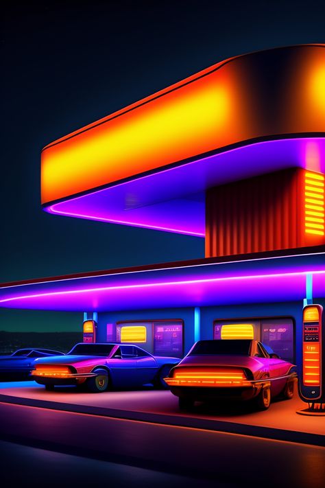 Lexica - Landscape of a nocturne cyberpunk gas station with neon light and flying cars, digital art, workstation Futuristic Gas Station, Neon Gas Station, Retro Gas Station, Neon Gas, Background Reference, Flying Cars, Flying Car, Summer Kitchen, Retro Futuristic