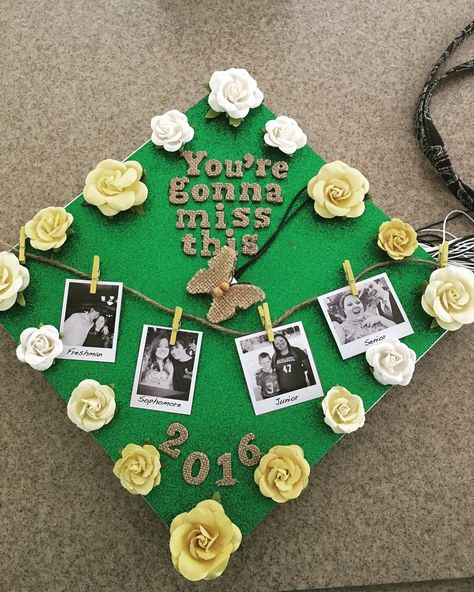 My graduation cap, all supplies bought at Michaels craft store, and used hot glue to attach :) (graduated high school June 2016) my school colors were green yellow and white, hence the color scheme #gradcap #countrymusic #graduationcap #glitter #flowers #polaroids Graduation Cap Polaroid, Green Graduation Cap Ideas, Green Cap Decoration Graduation, Graduation Cap Designs Green, Yellow Graduation Cap, Green Graduation Cap, College Grad Cap Ideas, Grad Cap Decorated, Graduation Cap Decoration Diy