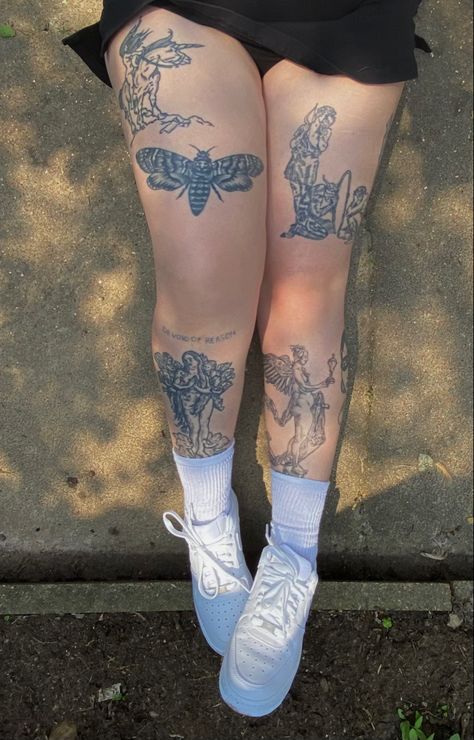 Thigh Tatoos Woman, Plus Size Leg Tattoo, Angel Tattoo Leg, Tattoos Plus Size Women, Thigh Tattoos Women Plus Size, Lower Thigh Tattoos Women, Lower Back Tattoos For Women Unique, Lower Leg Tattoos Women Unique, Tattooed Plus Size Women