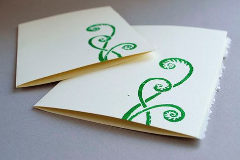 Fiddlehead Fern Notecards  Set of Two Linocut Cards by CursiveArts, $6.50 Fiddlehead Fern Tattoo, Fern Logo, Linocut Cards, Sgraffito Ideas, Lino Ideas, Fiddlehead Fern, Fiddlehead Ferns, Surface Pattern Design Inspiration, Fern Tattoo