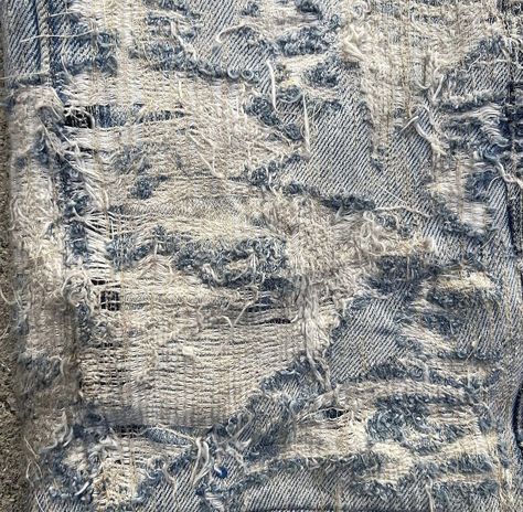 Distressed Denim Techniques, Distressed Denim Fabric, Denim Experimentation, Clothing Texture, Ripped Fabric, Denim Aesthetic, Distress Denim, Distressed Fashion, Distressed Fabric