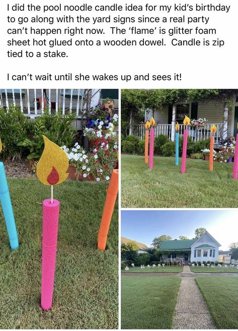 Pool Noodle Candles For Yard, Birthday Porch Decorations, Birthday Party Signs Diy Entrance, Noodle Birthday Party, Powerwheels Makeover Jeep, Front Yard Birthday Decorations, Pool Noodle Birthday Candles, Birthday Yard Decorations, Pool Noodle Candles