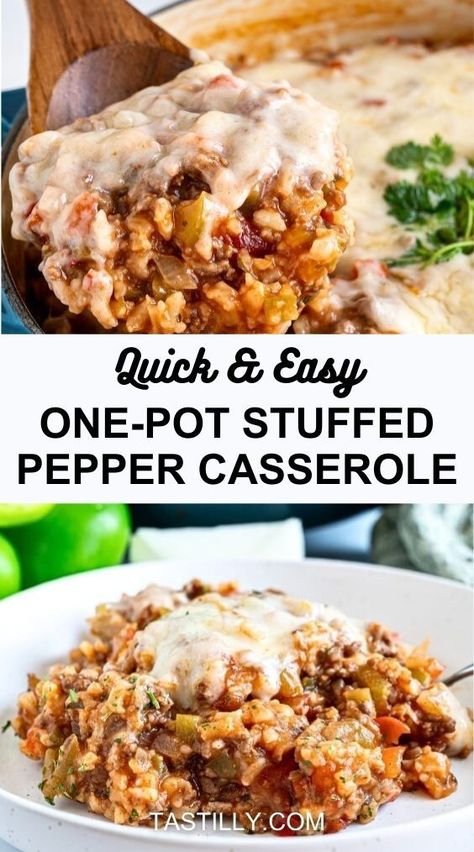 This one-pot full meal combines ground beef, rice, bell peppers, tomatoes, and cheese into a heart warming and comforting meal. Stuffed Pepper Casserole is a quick to make, satisfying, and flavorful crowd-pleasing dish! Stuffed Bell Peppers Ground Beef, Ground Beef Crockpot Recipes, Scalloped Sweet Potatoes, Pepper Casserole, Tomatoes And Cheese, Ground Beef Rice, Stuffed Pepper Casserole, Beef Rice, Stuffed Pepper