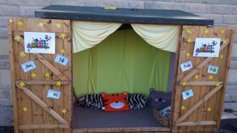 Outdoor reading shed Reading Shed School, Reading Garden Eyfs, Reading Shed Early Years, Outdoor Reading Space School, Outdoor Provision Ks1, Reading Shed, Eyfs Outdoor Reading Shed, School Reading Garden Outdoor, Early Years Outdoor Area Storage