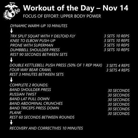 Marine Corps Human Performance on Instagram: "Workouts for the Week 💪 Nov 14 - 18 Remain strong through November with these workouts brought to you by Marine Corps force fitness instructors. Movement demonstrations, other workouts, and total fitness information can be found at usmcfitforce.com." Marine Workout Training, Marine Corps Workout, Marine Workout, Workouts For The Week, Abdominal Crunch, Dumbbell Shoulder Press, Dynamic Warm Up, Bear Crawl, Total Workout