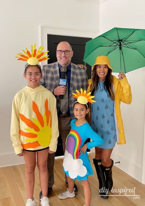 Family Rainbow Costume, Weather Costumes Diy, Family Weather Halloween Costumes, Weather Costumes For Kids, Family Weather Costume, Weather Family Costume, Weather Costumes Group, Cardboard Microphone, Sun Costume For Kids