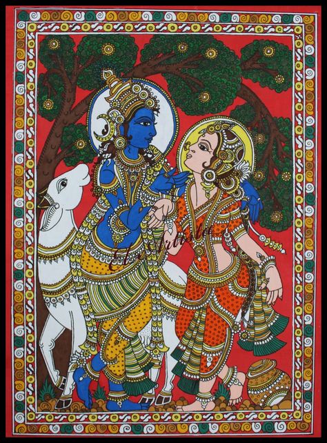 Radha Krishna Kalamkari Painting, Madhubani Ramayana, Krishna Inspiration, Raas Leela, Blouse Painting, Kalamkari Art, Worli Painting, Mithila Painting, Fork Art