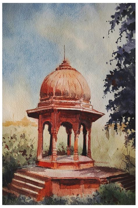 Watercolor Indian, Mughal Art Paintings, Watercolor Paintings Nature, Beautiful Art Paintings, Diy Watercolor Painting, Architecture Drawing Art, Watercolor Paintings Easy, Landscape Art Painting, Painting Art Lesson