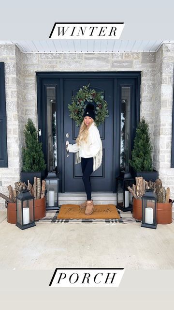 Macy Blackwell on Instagram: "Winter Porch Refresh!🌲🪵 Team take-down on the 26th!! 🙋🏼‍♀️😂 Boxing up all the holiday decor, and ready for clean & fresh! Went with this simple winter lodge look last year for porch that can take you from December through February! Spending the next couple days breaking down all the trees, so we can have a blank canvas for New Years! Linked porch details in my ltk! #winterporch #newyear #januaryhome #2024 #porchdecor" January Porch Decor, January Front Porch Decor, Winter Front Porch Decor, Porch Refresh, Winter Porch Decor, Macy Blackwell, January Decor, Winter Front Porch, Winter Lodge