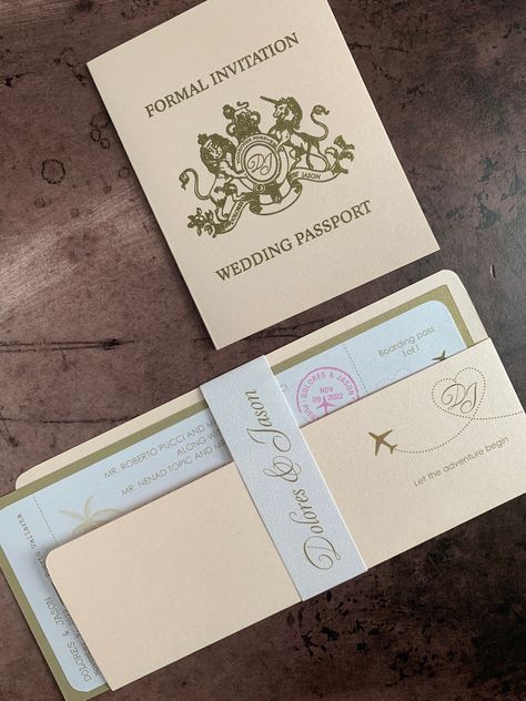 Each Invitation Can Be Customized, Paper/Ink/Design Changed INVITATION PRICES - Artwork $80 Passport $1.60 * 85 Invitations ~ $3.90 * 60 Invitations ~ $4.85 45 invitations. - $5.85 * 30 Invitations ~ $7.80 THIS INVITATION INCLUDES * 2 Layers * Custom Design / Colours * Band (Printed with your Name) * Pocket * Boarding Pass Ticket * Envelopes Printed with your Return Address on the Back flap PACKAGE ADD-ONS * Response Card & Envelopes $1.85 Per Set * Additional Inserts $1.35 Each * Calligraphy $1 Wedding Travel Invitation, Airplane Wedding Invitations, Ticket Save The Date, Boarding Pass Design, Airplane Invitation, Travel Invitation, Airplane Wedding, Travel Wedding Invitations, Airplane Ticket