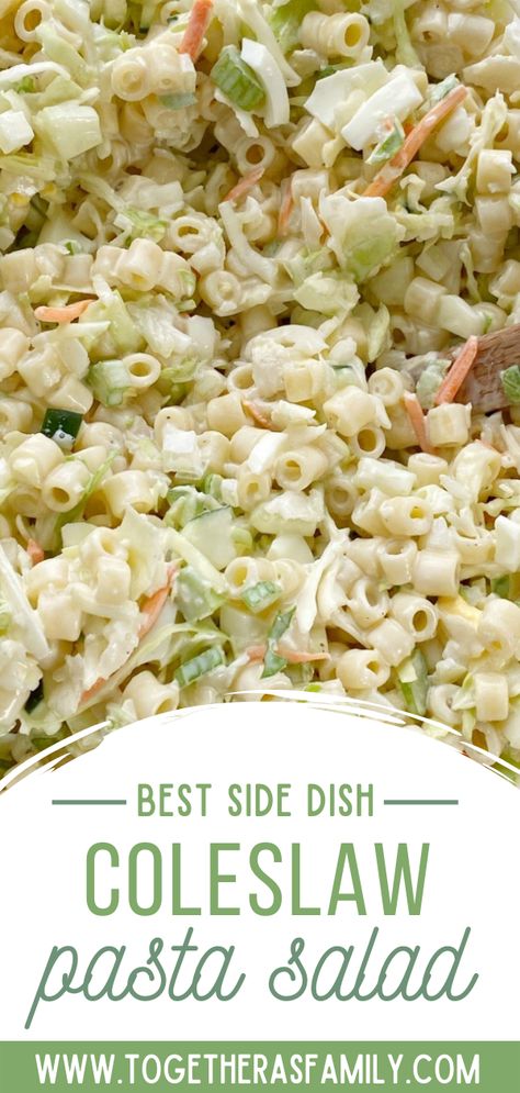 A bowl of coleslaw pasta salad with macaroni noodles, coleslaw, celery, in a creamy mayonnaise dressing. Cessation Salad Pasta, Cole Slaw Pasta Salad Salad, Cabbage And Pasta Salad, Pasta Salad With Coleslaw Dressing, Coleslaw Pasta Salad Easy Recipes, Pasta Slaw Salad, Pasta Cabbage Salad, Pasta Salad With Marzetti Slaw Dressing, Bulk Pasta Salad Recipe