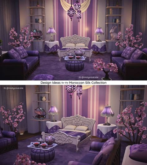 🏮 Suzanne on Instagram: “🧵🪞⚜ Introducing the Moroccan Silk Collection! 8 Rooms | 16 Fabrics These silk designs feature the fabrics on the square and bolster…” Acnh Elegant Bedroom, Dreamlight Valley Interior Ideas, Animal Crossing Bedroom Ideas, Animal Crossing Bedroom, Acnh Bedroom, Acnh 2023, Acnh Rooms, Acnh Interior, Moroccan Sofa