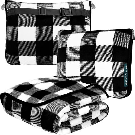 PAVILIA Travel Blanket and Pillow, Dual Zippers, Clip On Strap, Warm Soft Fleece 2-IN-1 Combo Blanket Airplane, Camping, Car, Large Compact Blanket Set, Luggage Backpack Strap, 60 x 43 (Checker White) Travel Blanket Airplane, Car Pillow, Flight Essentials, Suitcase Backpack, Car Blanket, Blanket Pillow, Travel Blanket, Luggage Strap, Luggage Suitcase