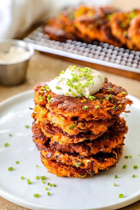 This is a no fuss flavor packed recipe for smokey sweet potato fritters. They're soft and tender on the inside and nice and crispy on the outside. A perfect side dish or appetizer to whip up and pair with any protein! Potato Fritters Recipe, Sweet Potato Fritters, Creamy White Chicken Chili, Potato Fritters, Crispy Sweet Potato, Fritter Recipes, Stuffed Poblano Peppers, White Chicken Chili, More Recipes