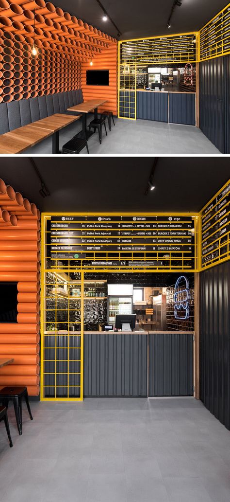 Yellow Restaurant, Resturant Design, Small Restaurant Design, Modern Restaurant Design, Doner Kebab, Small Restaurant, Pvc Pipes, Burger Restaurant, Coffee Shops Interior