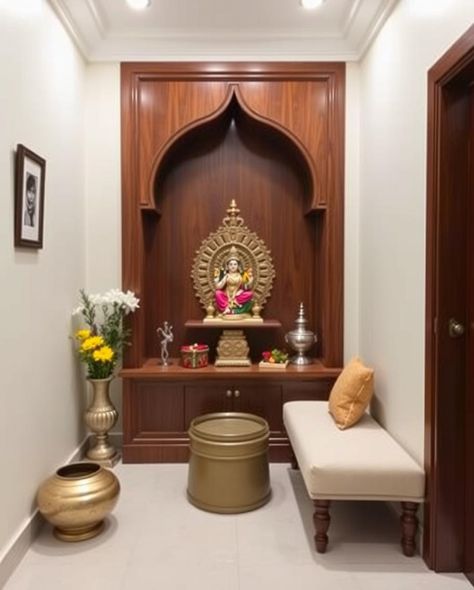 Devghar Design, Temple Unit, Puja Unit, Big Temple, Temple Ideas, Temple Room, Corner Shelf Design, Indian Bedroom Decor, Indian Bedroom