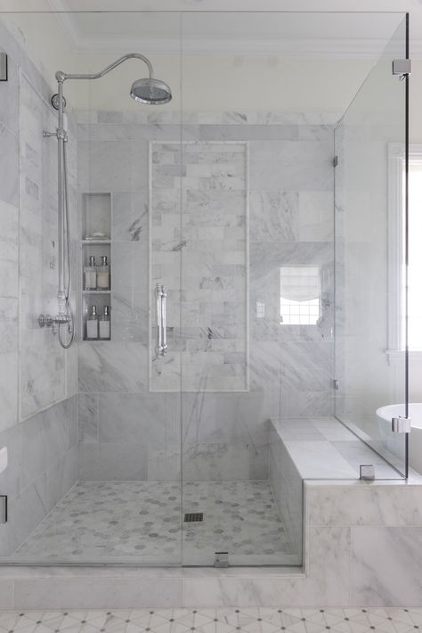 White Master Bathroom Ideas | Home Design | Jennifer Maune New Bathroom Ideas, Marble Showers, Gorgeous Tile, Kitchen And Bath Remodeling, Bathroom Redesign, Bathroom Remodel Shower, Marble Bathroom, Shower Remodel, Glass Blocks