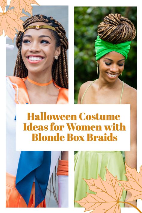 When I last had my hair in golden blonde box braids, I took it as an opportunity to dress up for halloween as some of my favourite blonde-haired characters: Sailor Venus, Tinkerbell, and Rapunzel. Check out the Inspiration which doubles as Black girl cosplay inspo! | Halloween Costume Ideas Costumes For Black Women, Colored Box Braids, Costume Ideas For Women, Blonde Box Braids, Cosplay Inspo, Girl Cosplay, White Costumes, Blonde Braids, Goddess Hairstyles