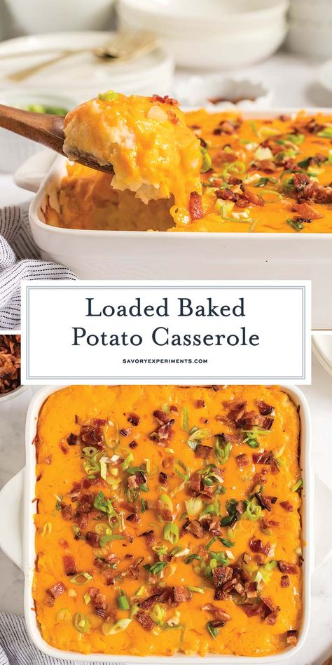 This EASY Loaded Baked Potato Casserole recipe is everything you love about twice baked potatoes all in one easy and delicious casserole! Loaded Baked Potato Casserole Recipe, Baked Potato Casserole Loaded, Baked Potato Board, Leftover Baked Potato Recipes, Potato Caserole, Twice Baked Potato Casserole Recipe, Easy Loaded Baked Potato, Double Baked Potatoes, Easy Twice Baked Potatoes