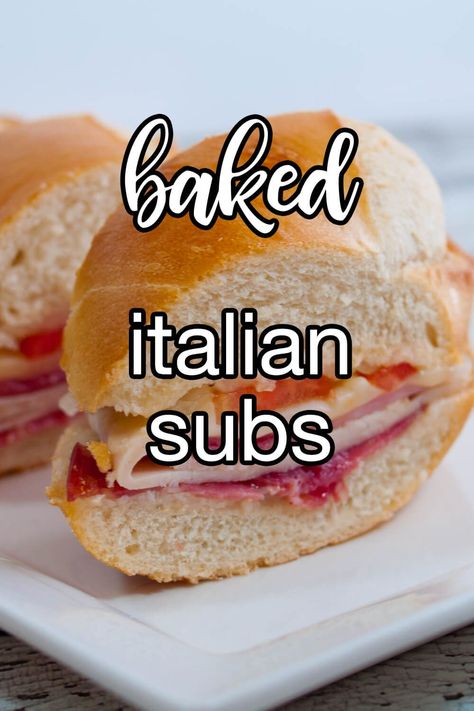 Baked Italian Subs - These tasty oven baked sub sandwiches are made with salami, turkey, ham, provolone cheese, tomato, and onion. You can assemble them up to 2 hours in advance and then bake them. They will also stay warm in the foil after being baked for about half an hour making them a great recipe to bring to a party or game. | CDKitchen.com Baked Hoagie Sandwiches, Pizza Subs Sandwich Oven Baked, Salami Turkey, Tasty Oven, Mini Burgers Sliders, Italian Subs, Hoagie Sandwiches, Italian Hoagie, Baked Sandwiches