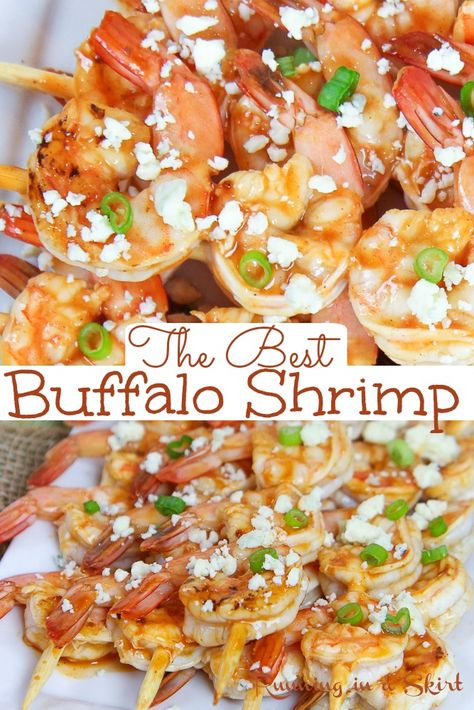 The Best Buffalo Shrimp recipe - healthy Buffalo Shrimp Skewers with blue cheese dip. Only 4 Ingredients! Includes how to make directions for Grilled Buffalo Shrimp or baked. Pescatarian, low carb and gluten free. / Running in a Skirt #lowcarb #glutenfree #pescatarian #healthy #recipe #buffalo via @juliewunder Buffalo Hot Sauce, Buffalo Shrimp Recipes, Shrimp Skewer Recipes, Blue Cheese Crumbles, Buffalo Shrimp, Spicy Shrimp Recipes, Flexitarian Recipes, Blue Cheese Dip, Shrimp Recipes Healthy