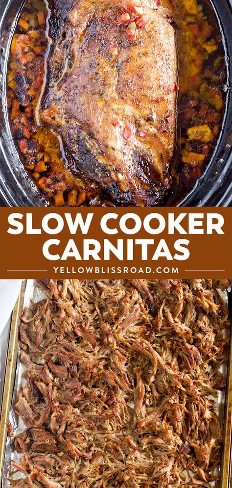 Slow Cooker Carnitas Recipe - Great for carnitas tacos, burritos, nachos and more. The little trick at the end gets the carnitas nice and crispy with no frying! via @yellowblissroad Carnitas Slow Cooker, Crockpot Carnitas, Slow Cooker Carnitas, Pork Carnitas Slow Cooker, Carnitas Tacos, Carnitas Recipe, Tacos Burritos, Healthy Crockpot Recipes, Easy Slow Cooker