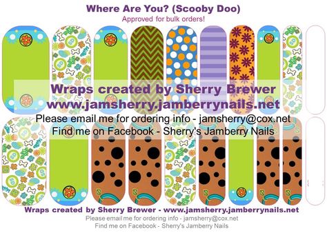 Scooby Doo Inspired. Patterned wraps represent Shaggy, Fred, Daphne & Velma, as well as the Mystery Machine The Mystery Machine, Fan Nails, Daphne And Velma, Mystery Machine, Nail Art Studio, Jamberry Nails, Jamberry, Nail Wraps, 5th Birthday